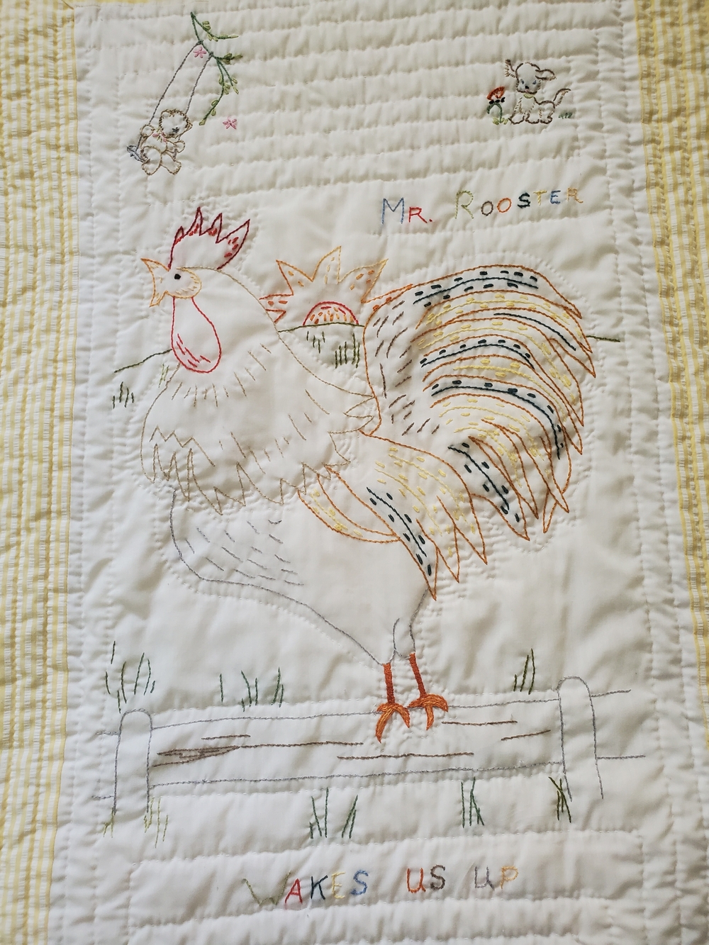 Vintage Hand Quilted, Hand Embroidered Rooster Baby Crib Nursery Quilt